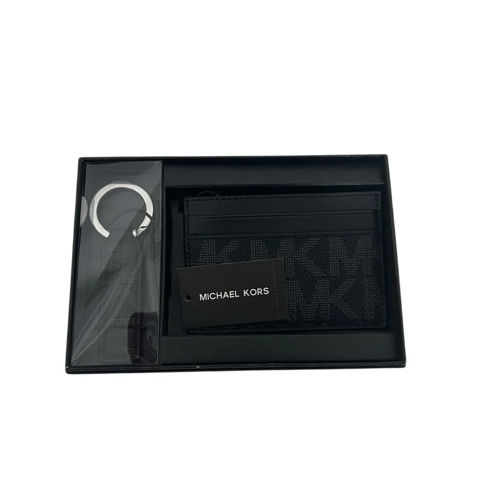 Michael Kors Mens Card Case and Keychain‎ Gift Set Black Signature